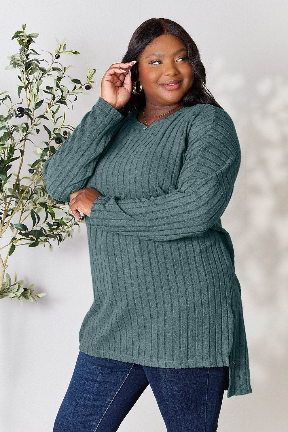 Basic Bae Full Size Ribbed Round Neck Long Sleeve Slit Top - DaTrendStore.Com