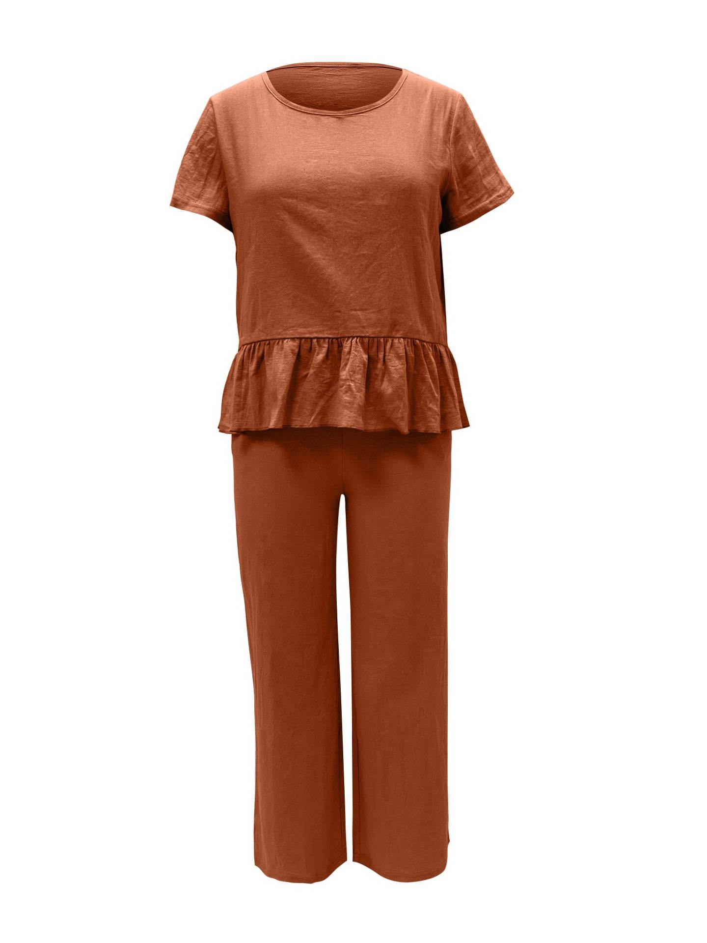 Peplum Round Neck Short Sleeve Top and Pants Set - DaTrendStore.Com