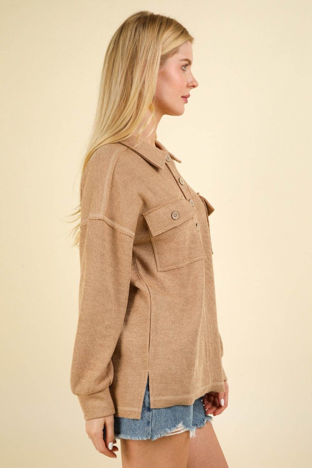 VERY J Collared Half Button Knit Top with Pockets - DaTrendStore.Com