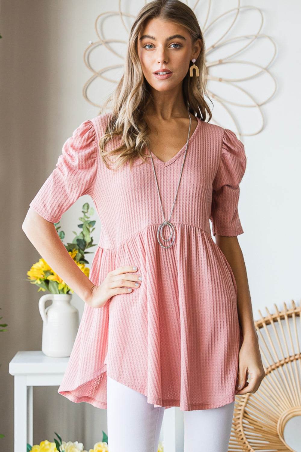 Heimish Full Size Waffle Knit V-Neck Babydoll Top - DaTrendStore.Com