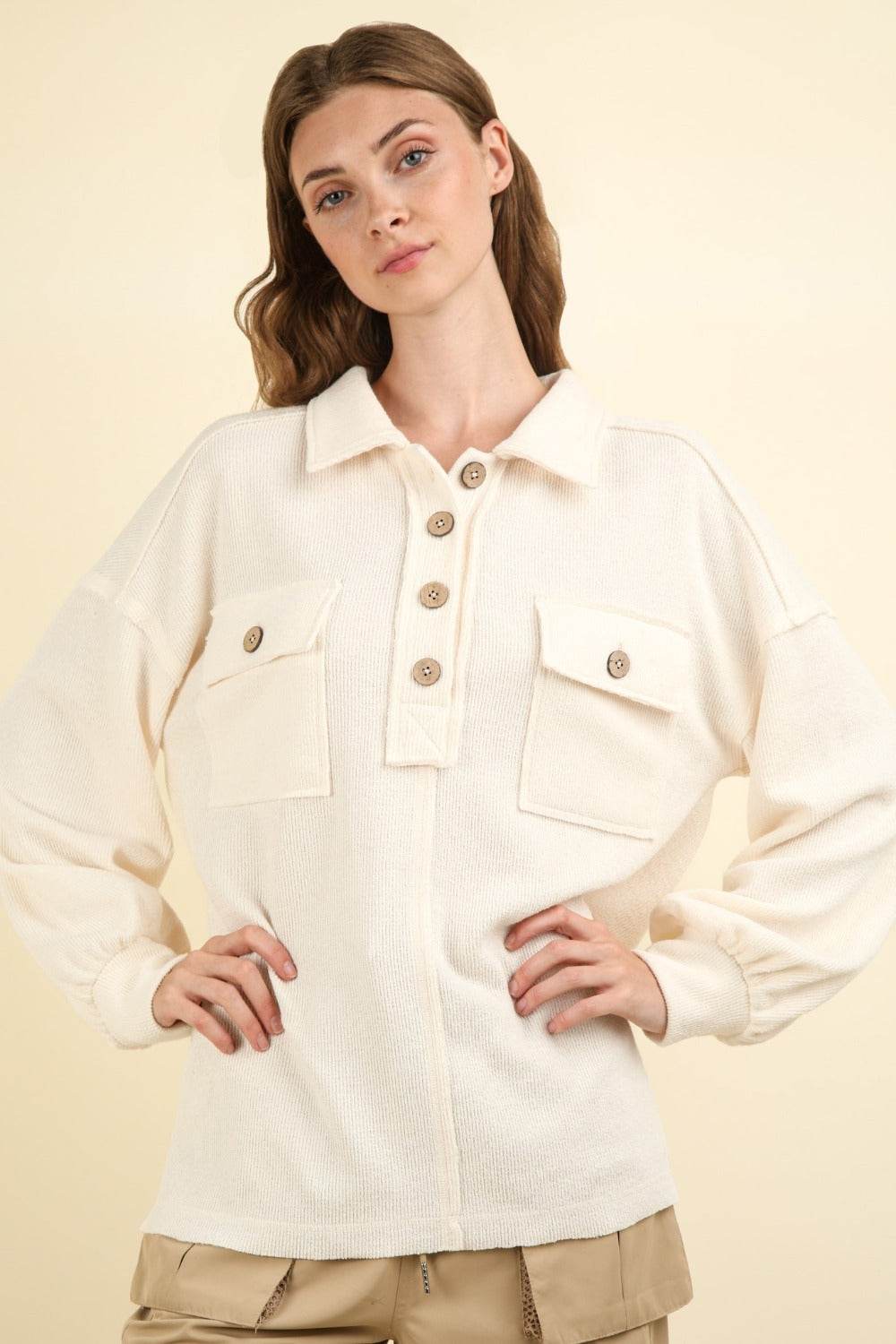 VERY J Collared Half Button Knit Top with Pockets - DaTrendStore.Com