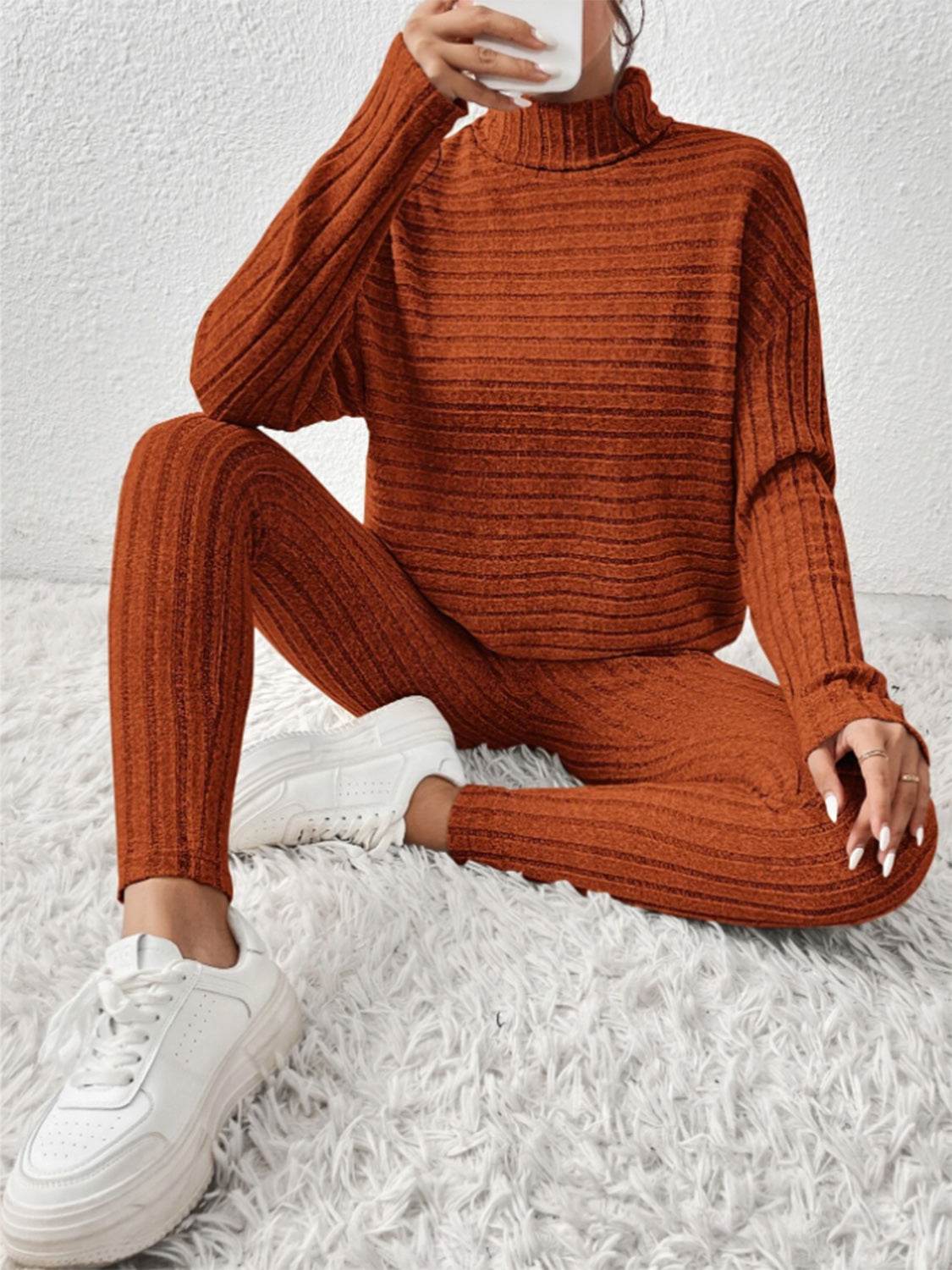 Ribbed Turtleneck Top and Pants Set - DaTrendStore.Com