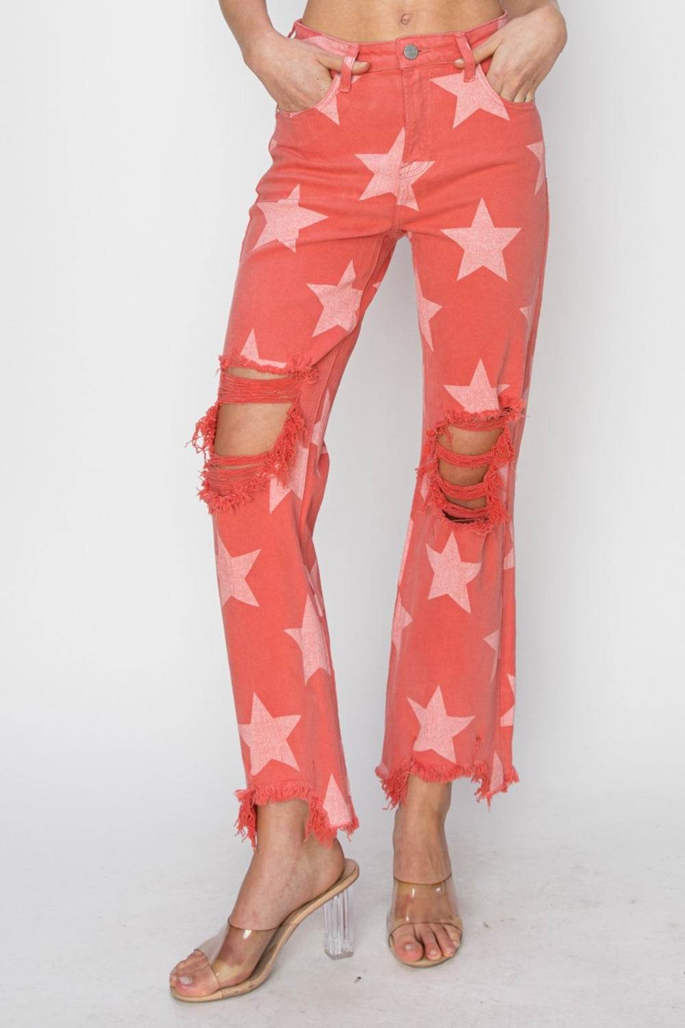 RISEN Full Size Distressed Raw Hem Star Pattern Jeans - DaTrendStore.Com