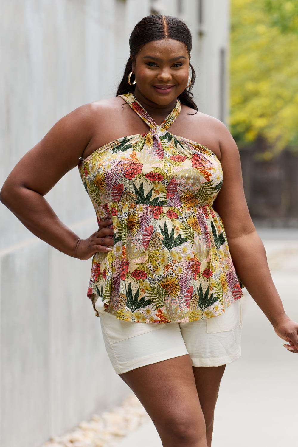 Be Stage Full Size Floral Halter Top in Green - DaTrendStore.Com