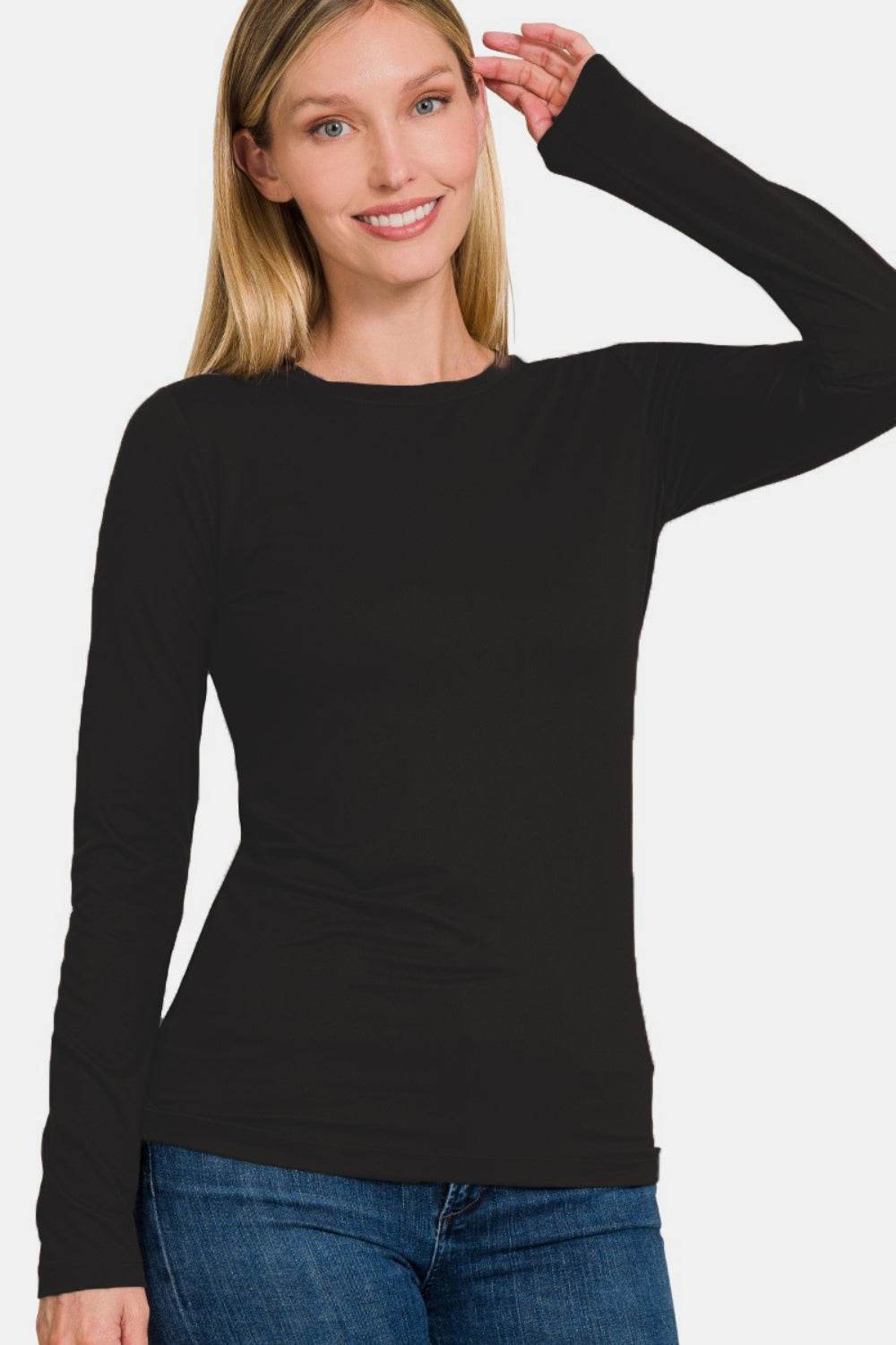 Zenana Ful Size Brushed Microfiber Long Sleeve Round Neck T-Shirt - DaTrendStore.Com