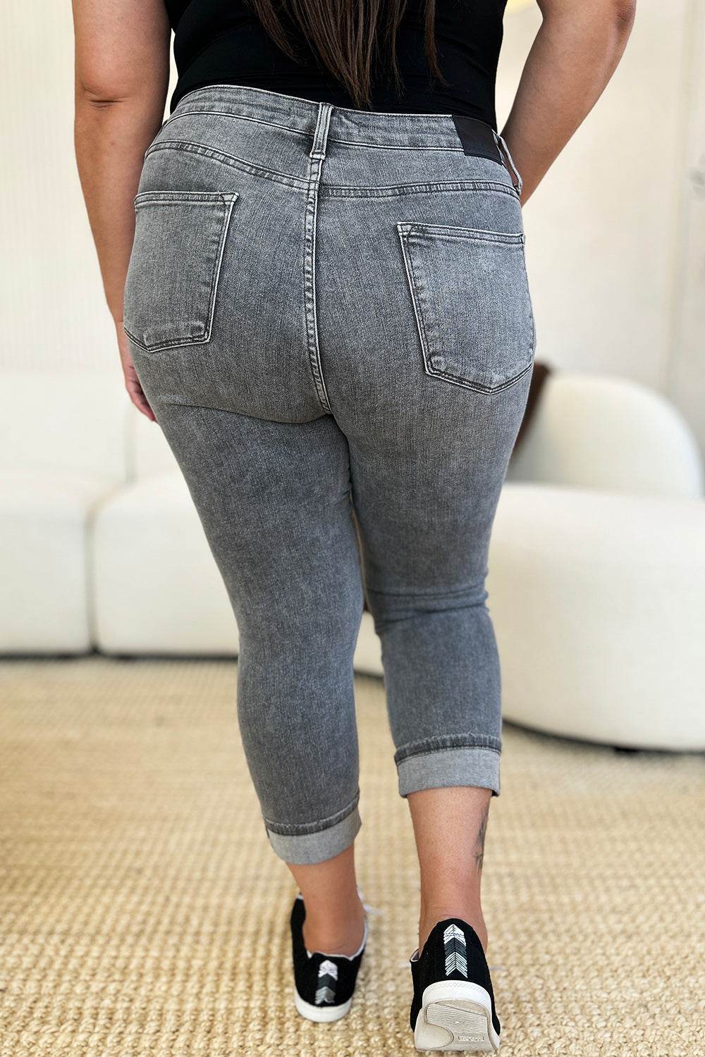 Judy Blue Full Size Button Fly High Waist Cuffed Capris - DaTrendStore.Com