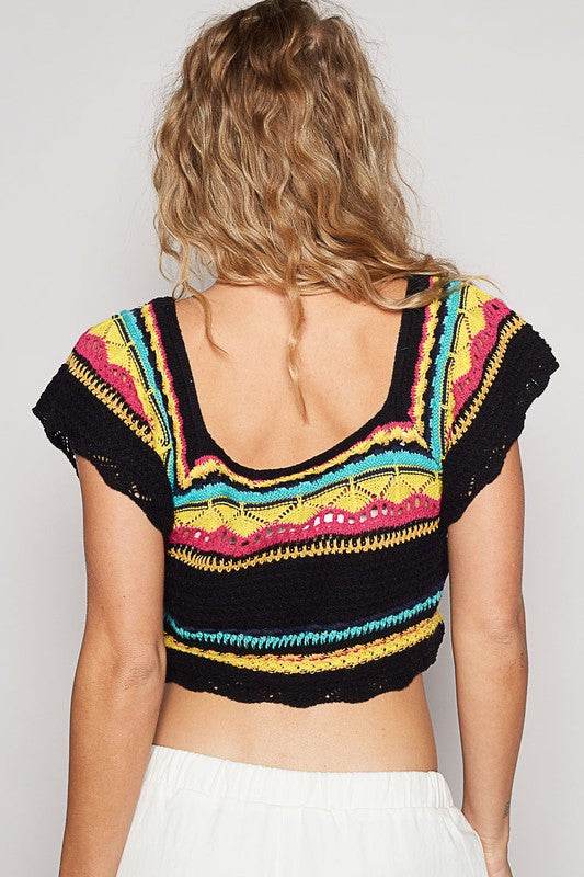POL Openwork Ethnic Pattern Square Neck Cropped Knit Top - DaTrendStore.Com