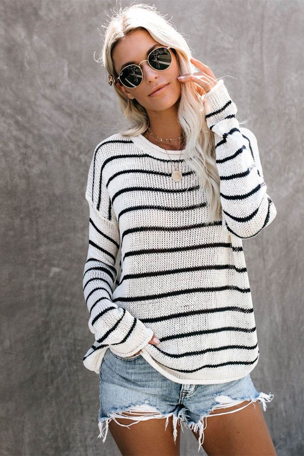 Striped Round Neck Drop Shoulder Sweater - DaTrendStore.Com