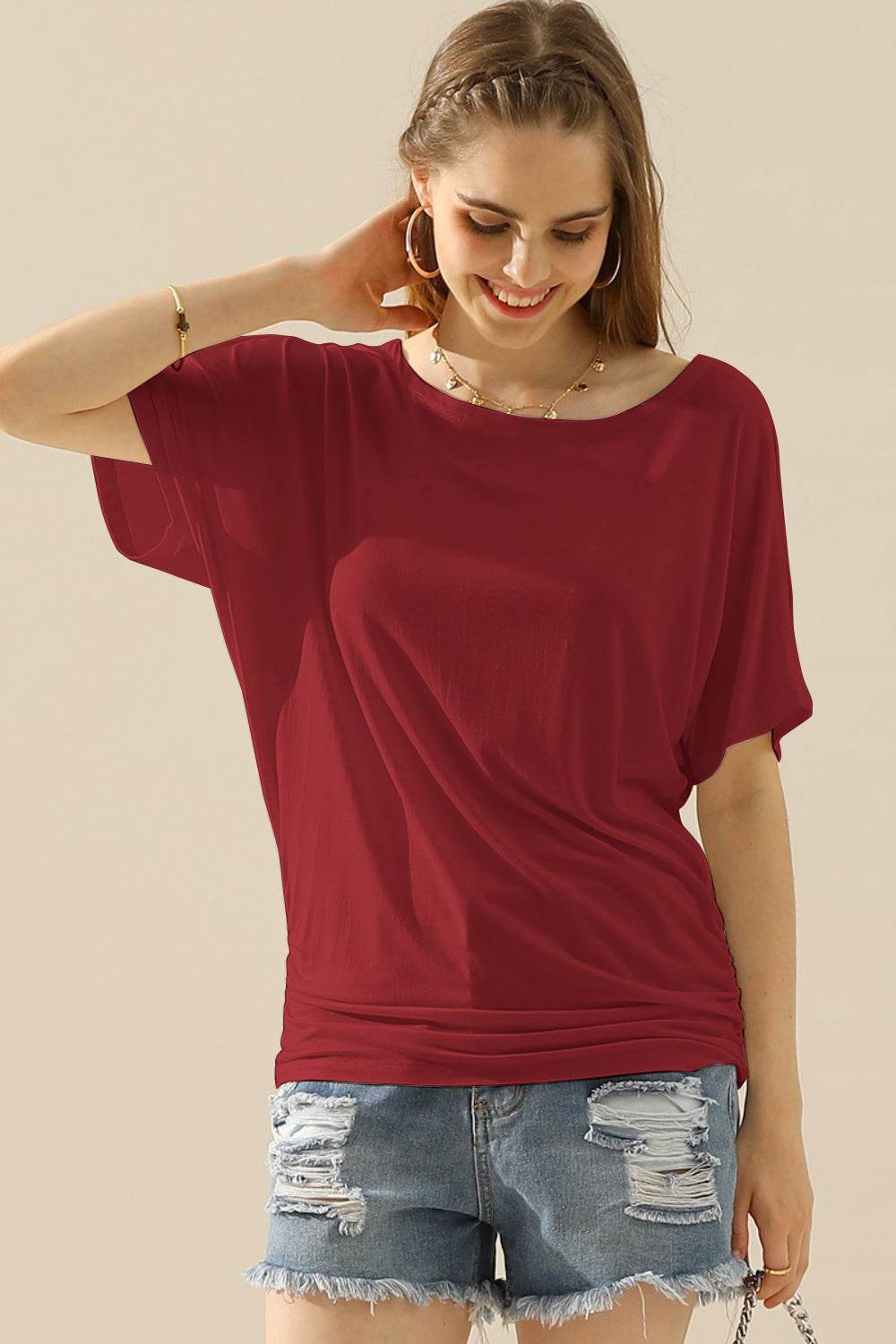 Ninexis Boat Neck Short Sleeve Ruched Side Top - DaTrendStore.Com