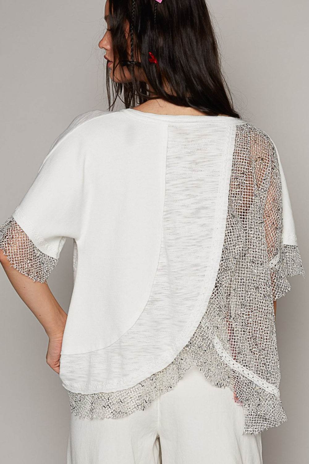 POL Openwork V-Neck Half Sleeve Top - DaTrendStore.Com