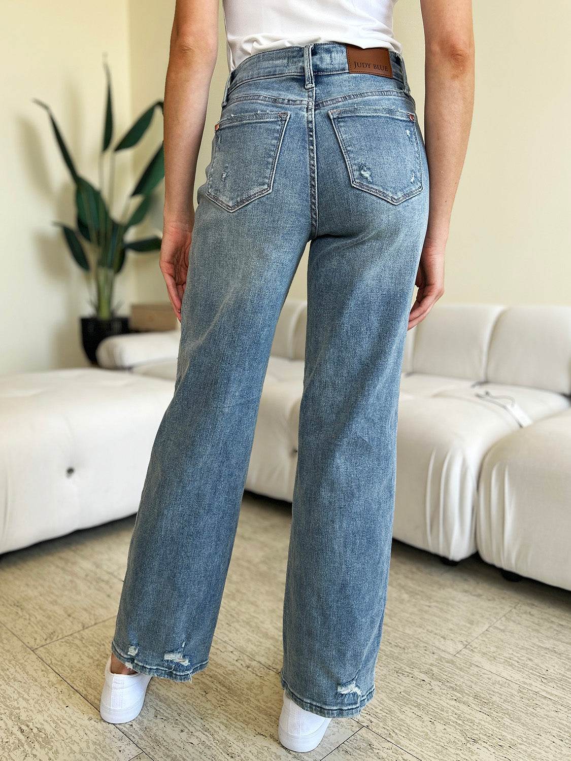 Judy Blue Full Size Mid Rise Distressed Straight Jeans - DaTrendStore.Com