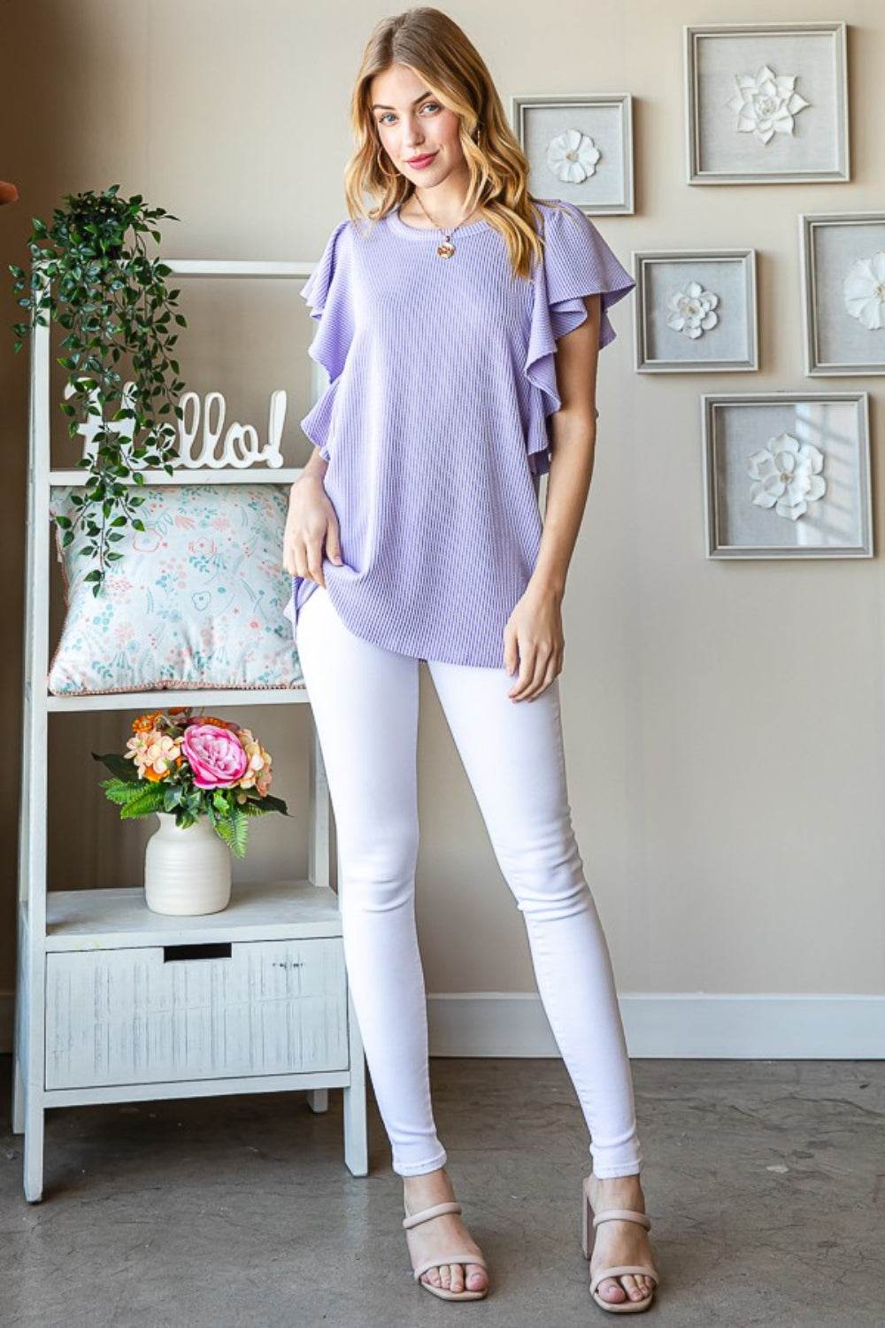 Heimish Full Size Ruffled Sleeve Ribbed Top - DaTrendStore.Com