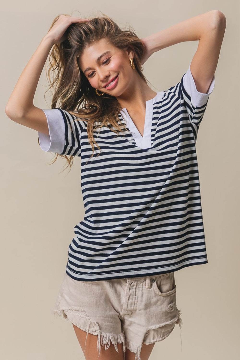 BiBi Contrast Striped Notched Knit Top - DaTrendStore.Com