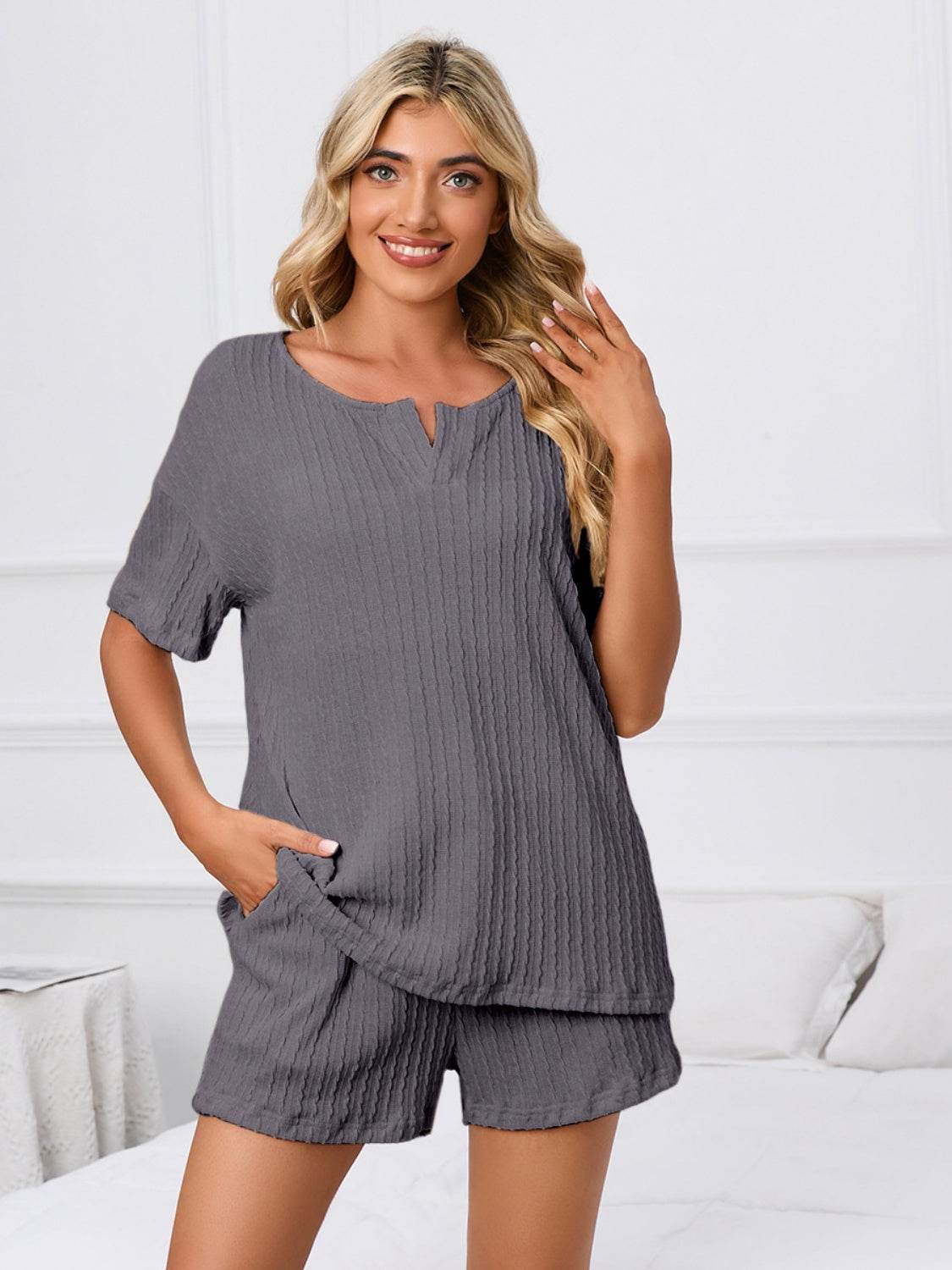 Notched Short Sleeve and Shorts Lounge Set - DaTrendStore.Com