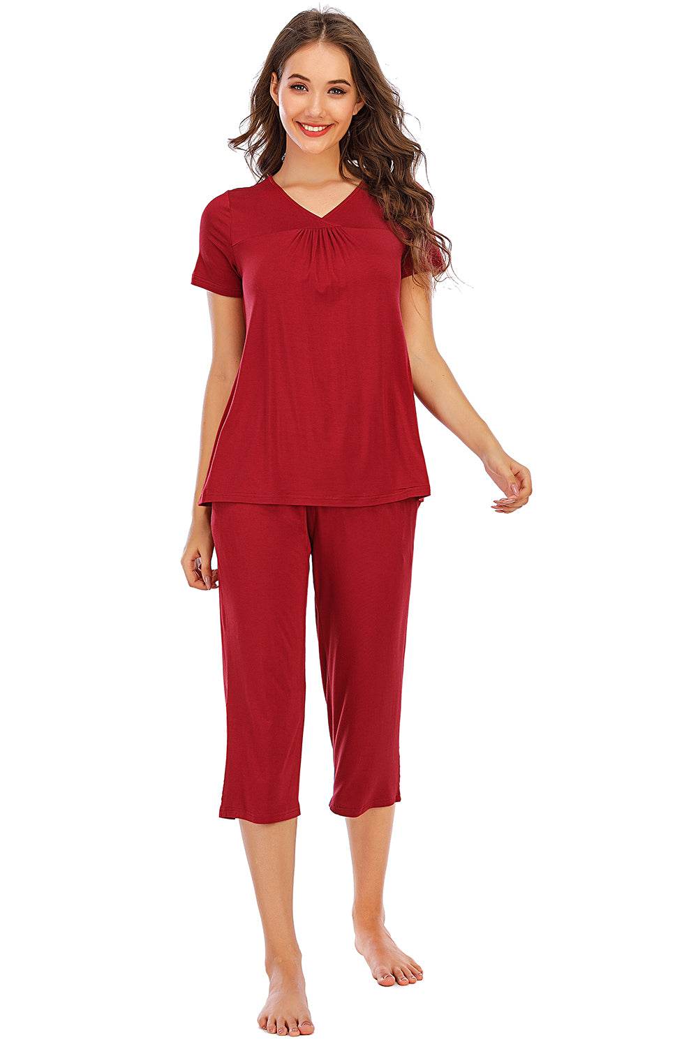 V-Neck Short Sleeve Top and Pants Lounge Set - DaTrendStore.Com