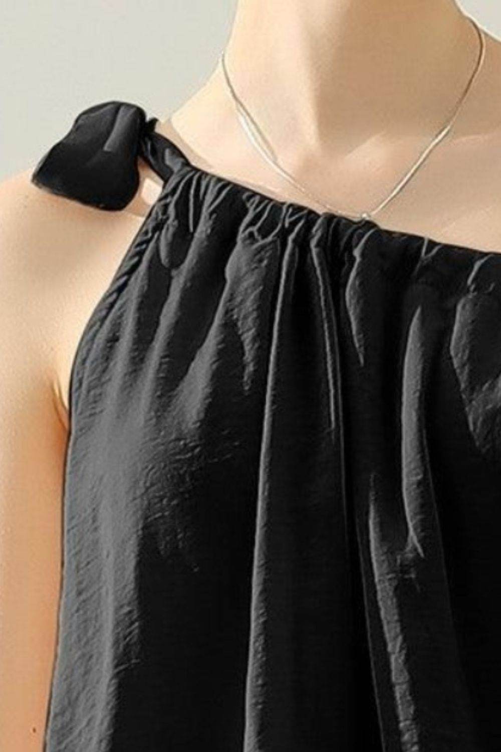 Ninexis One Shoulder Bow Tie Strap Satin Silk Top - DaTrendStore.Com
