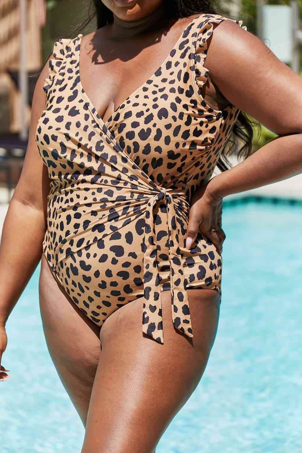 Marina West Swim Full Size Float On Ruffle Faux Wrap One-Piece in Leopard - DaTrendStore.Com