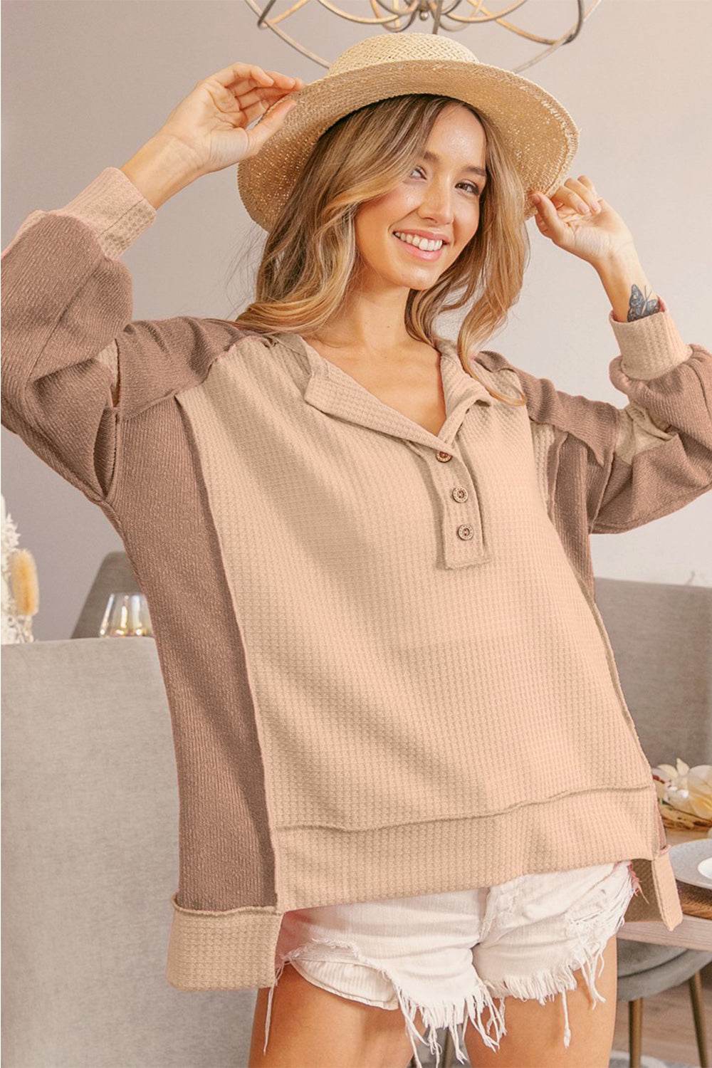 BiBi Half Button Exposed Seam Contrast Waffle Top - DaTrendStore.Com
