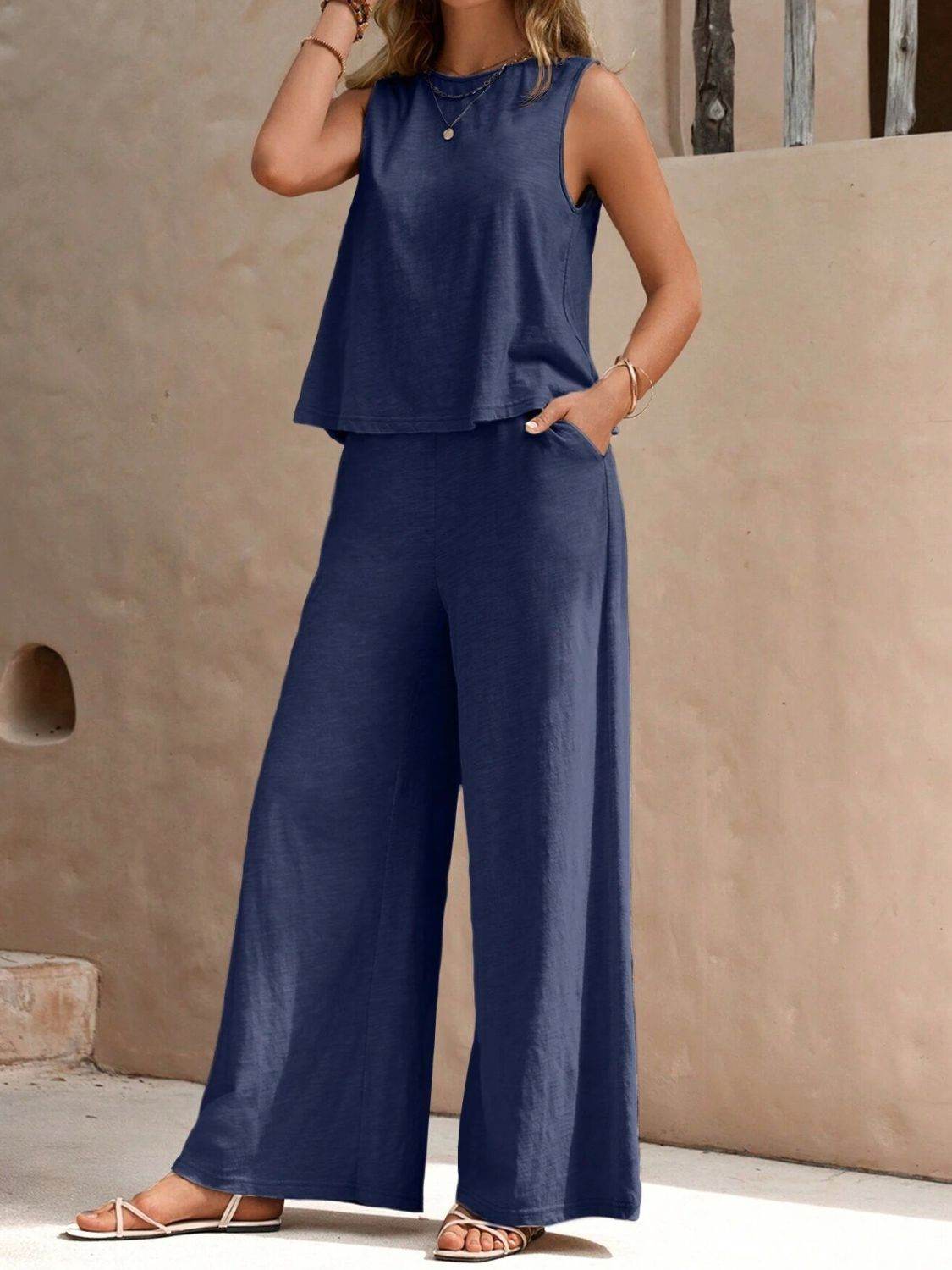 Round Neck Sleeveless Top and Wide Leg Pants Set - DaTrendStore.Com