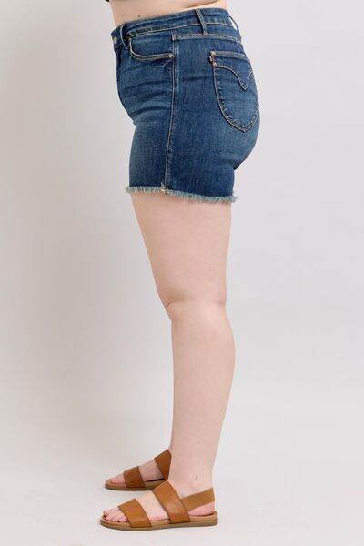 Judy Blue Tummy Control Fray Hem & Shield Back Pockets Denim Shorts - DaTrendStore.Com