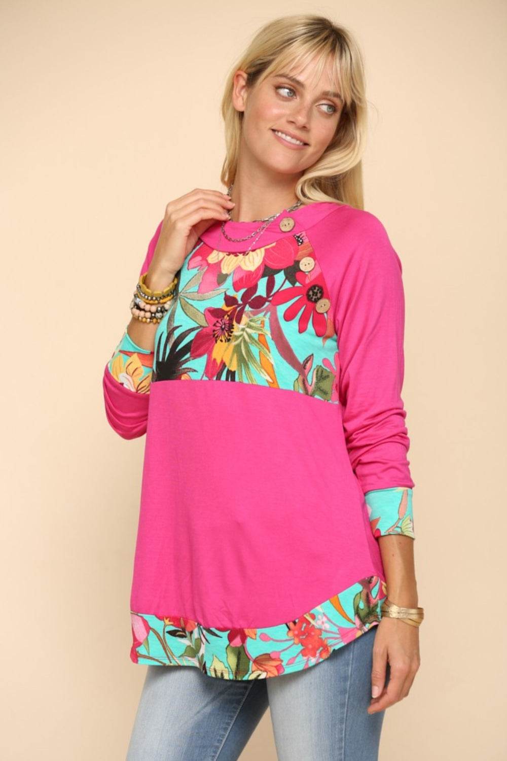 Celeste Full Size Tropical Print Long Sleeve T-Shirt - DaTrendStore.Com