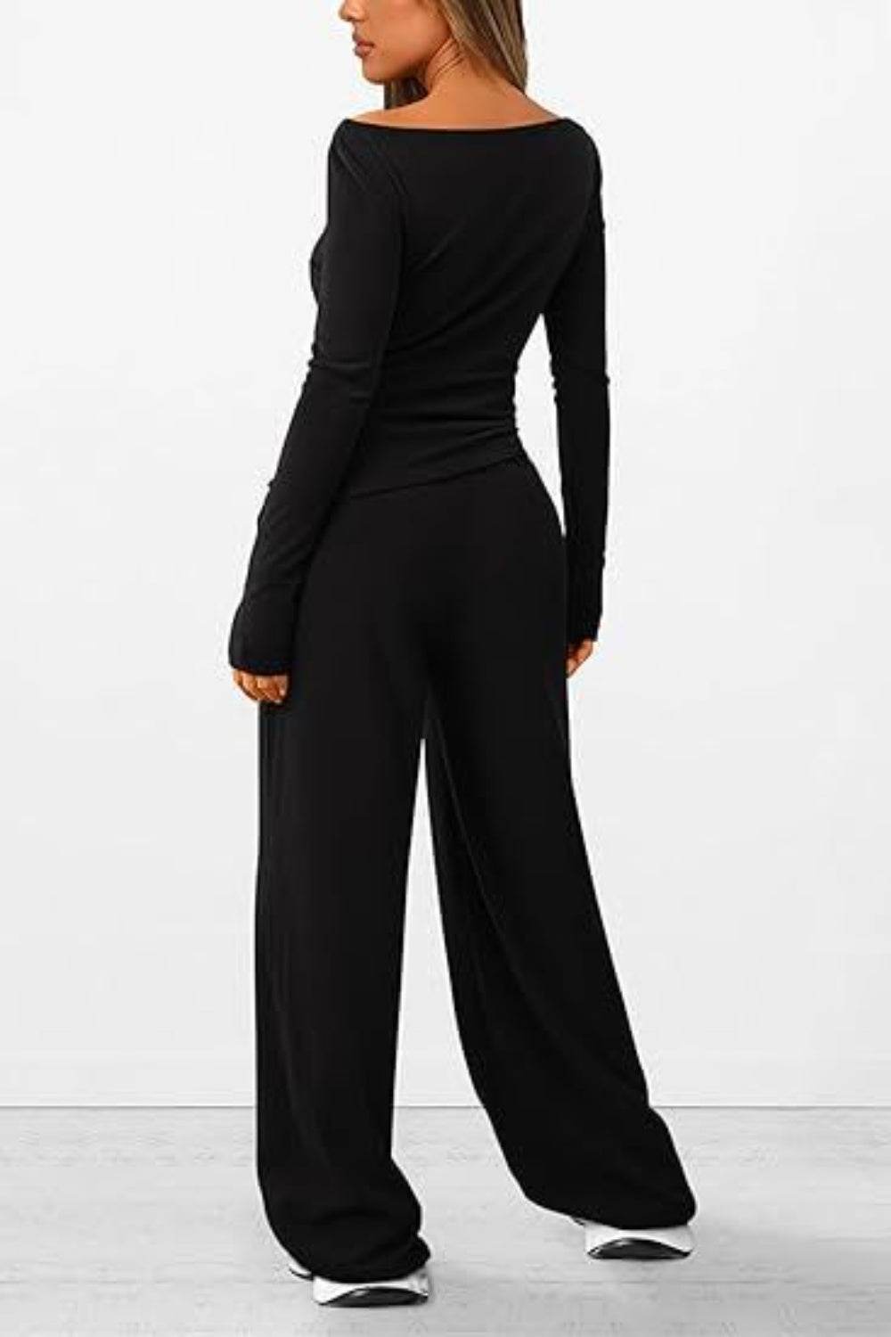 Round Neck Long Sleeve Top and Pants Set - DaTrendStore.Com