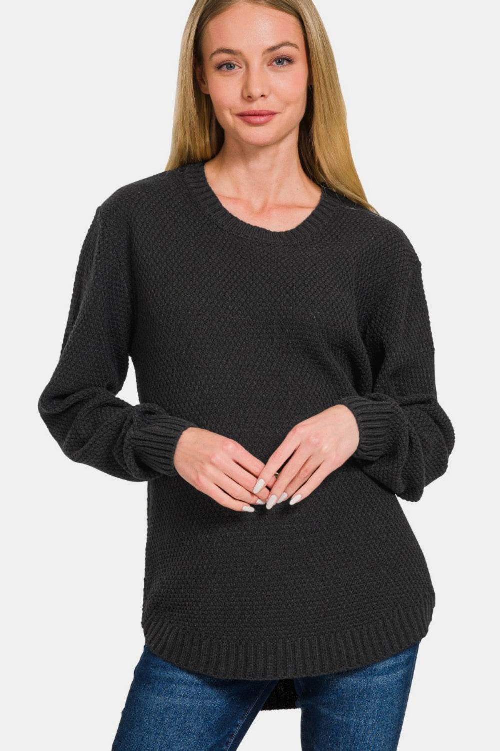 Zenana Ful Size Round Neck Long Sleeve Curved Hem Sweater - DaTrendStore.Com