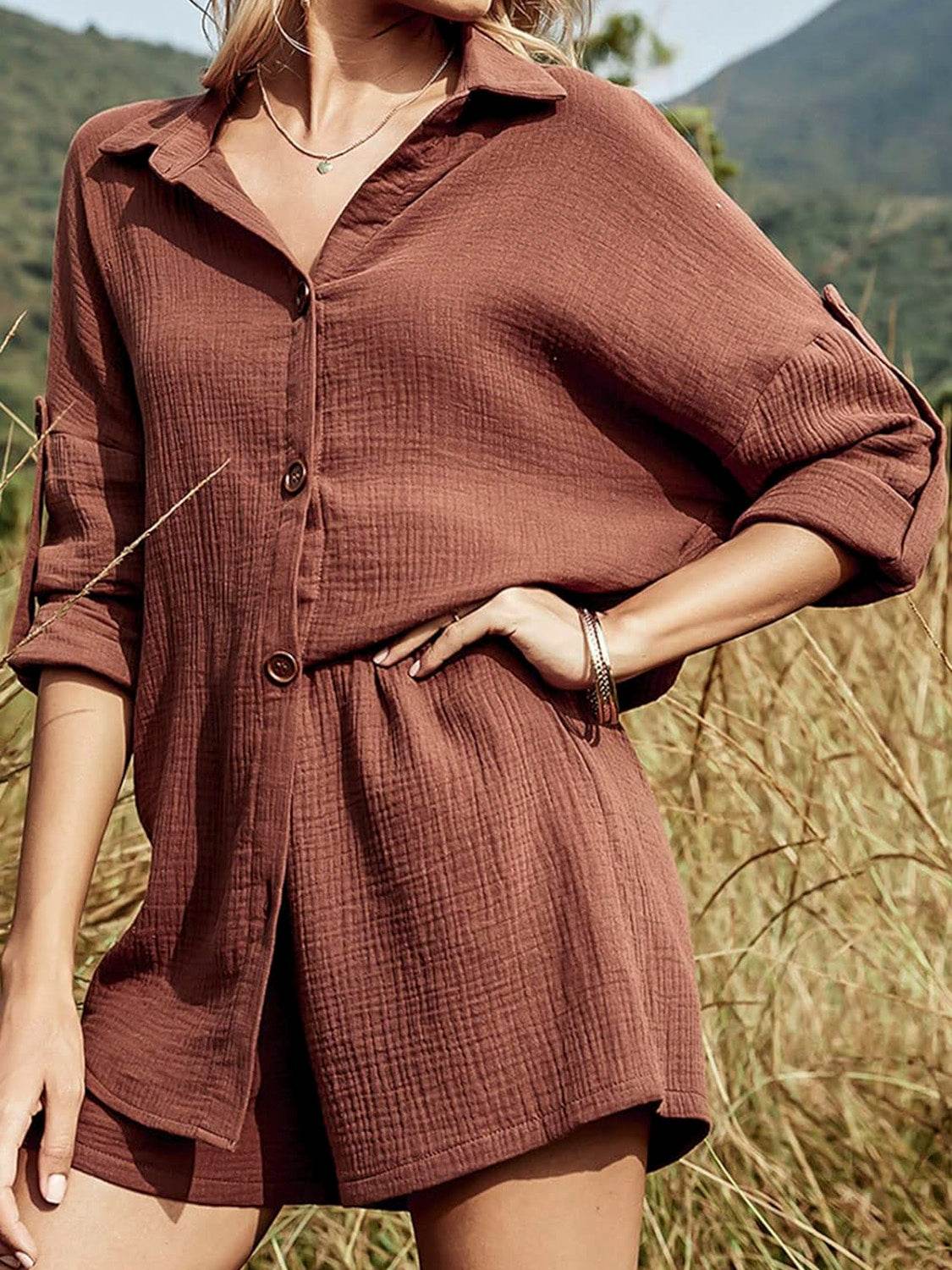 Texture Button Up Shirt and Shorts Set - DaTrendStore.Com