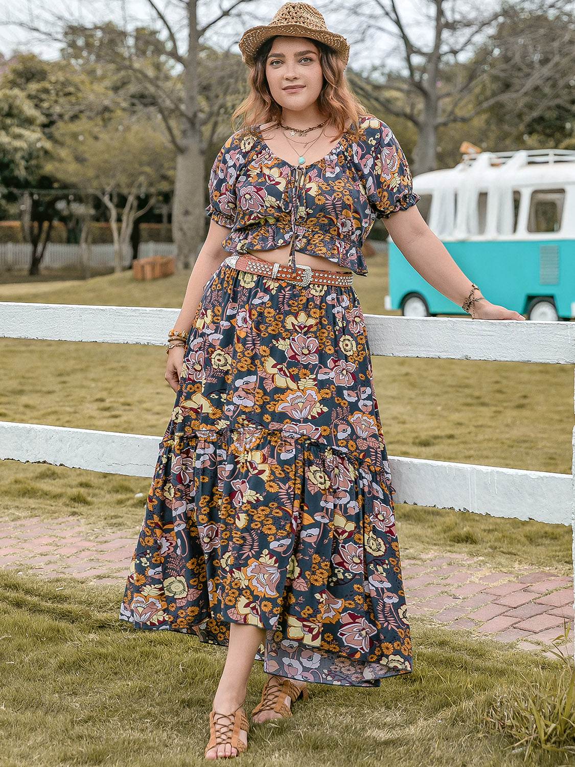 Plus Size Tie Neck Short Sleeve Top and Skirt Set - DaTrendStore.Com