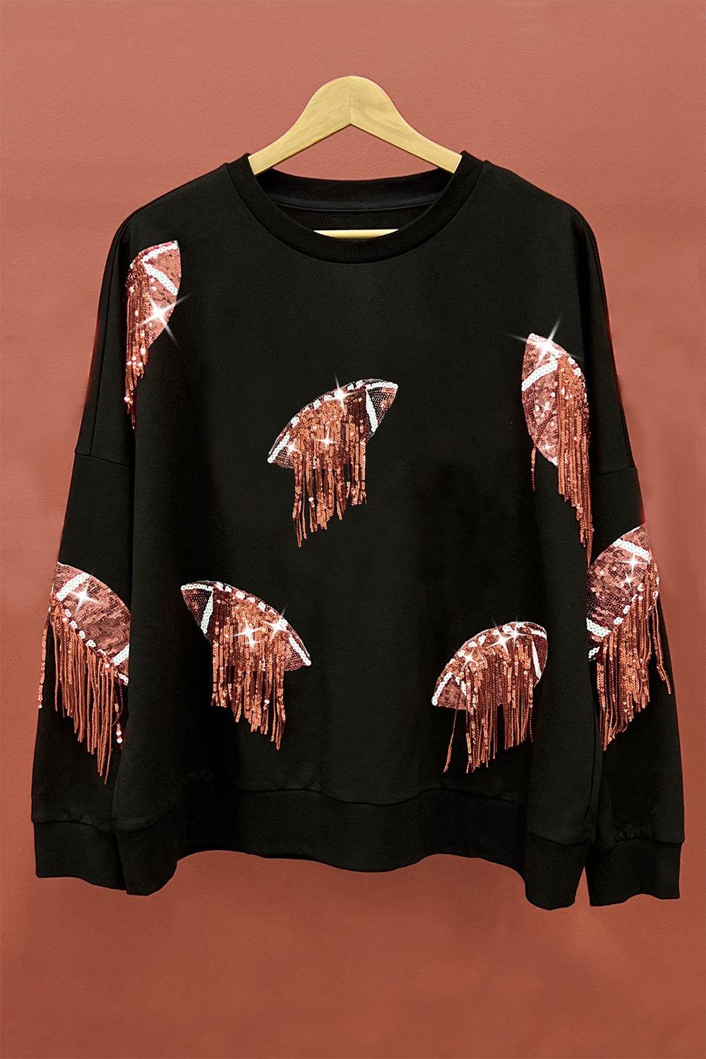 BiBi Sequin Fringe Football Patch Round Neck Sweatshirt - DaTrendStore.Com