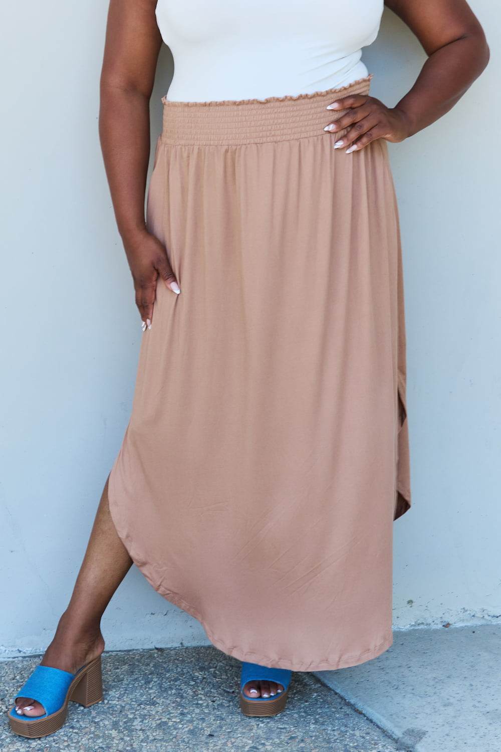 Doublju Comfort Princess Full Size High Waist Scoop Hem Maxi Skirt in Tan - DaTrendStore.Com
