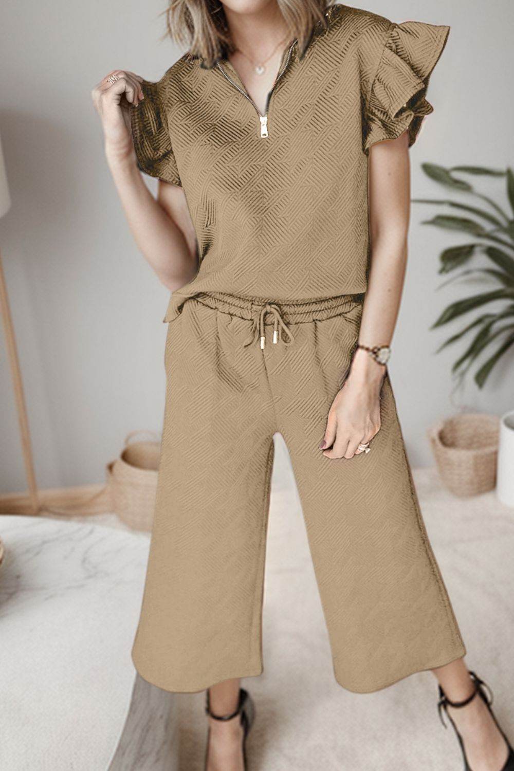 Ruffled Quarter Zip Top and Drawstring Pants Set - DaTrendStore.Com