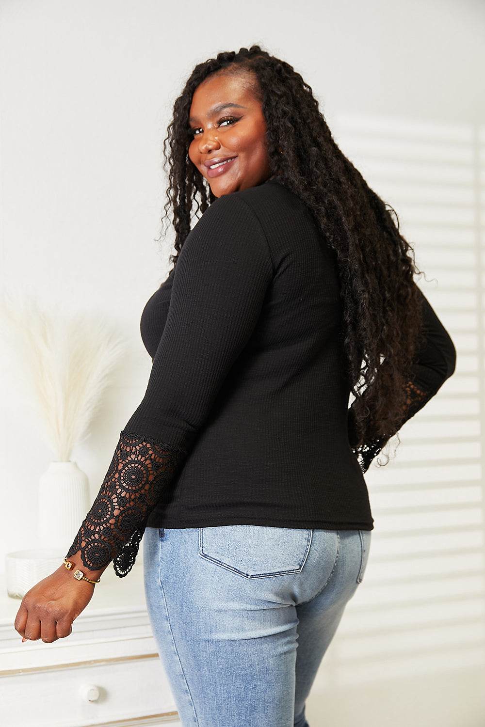 Double Take Crochet Lace Hem Sleeve Button Top - DaTrendStore.Com