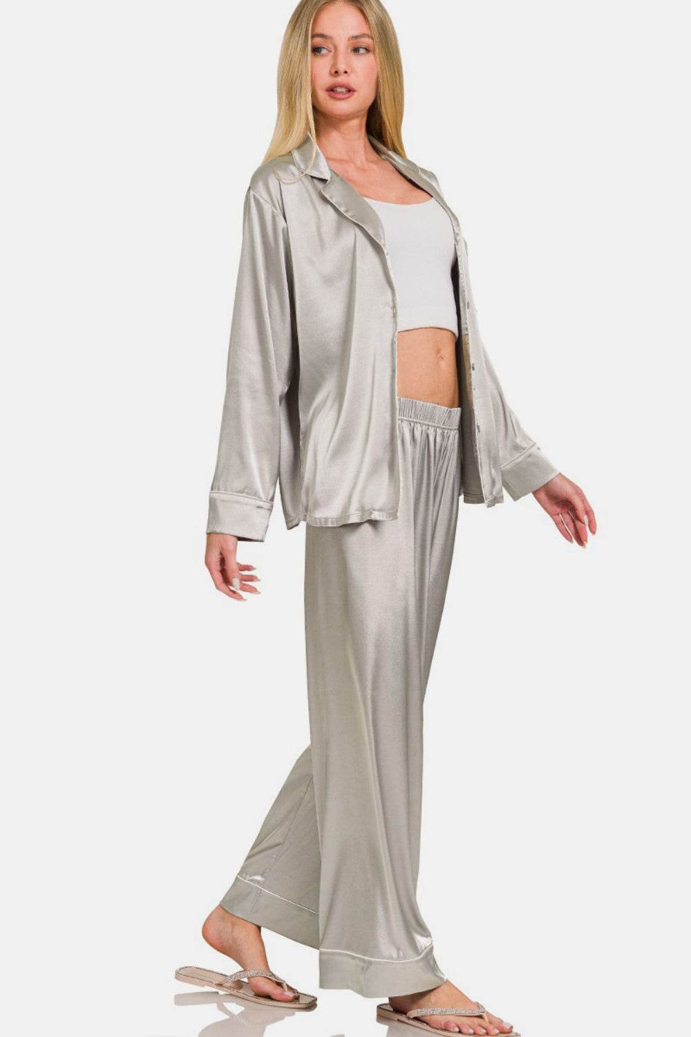 Zenana Satin Long Sleeve Shirt and Pants Pajama Set - DaTrendStore.Com