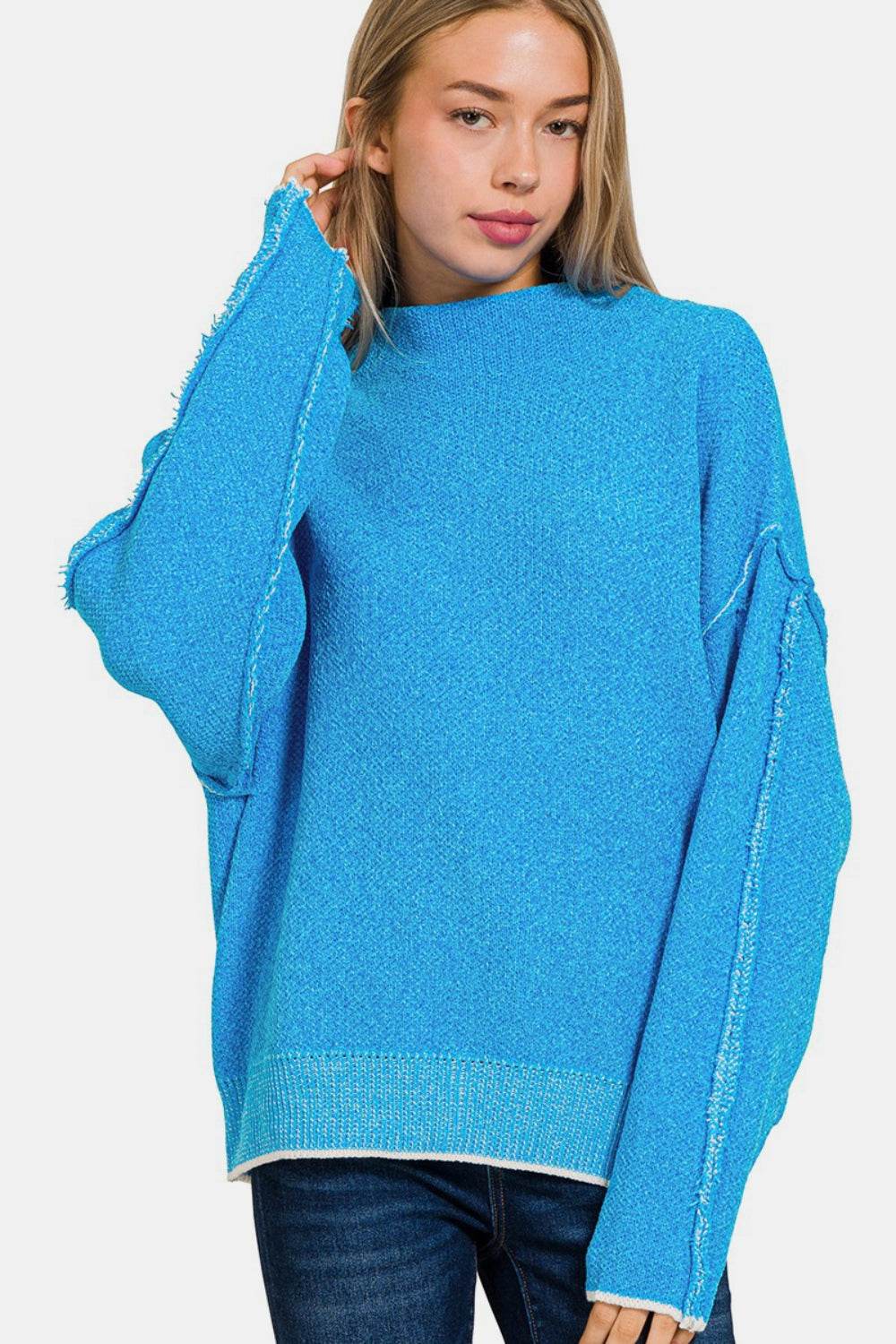 Zenana Exposed Seam Mock Neck Long Sleeve Sweater - DaTrendStore.Com
