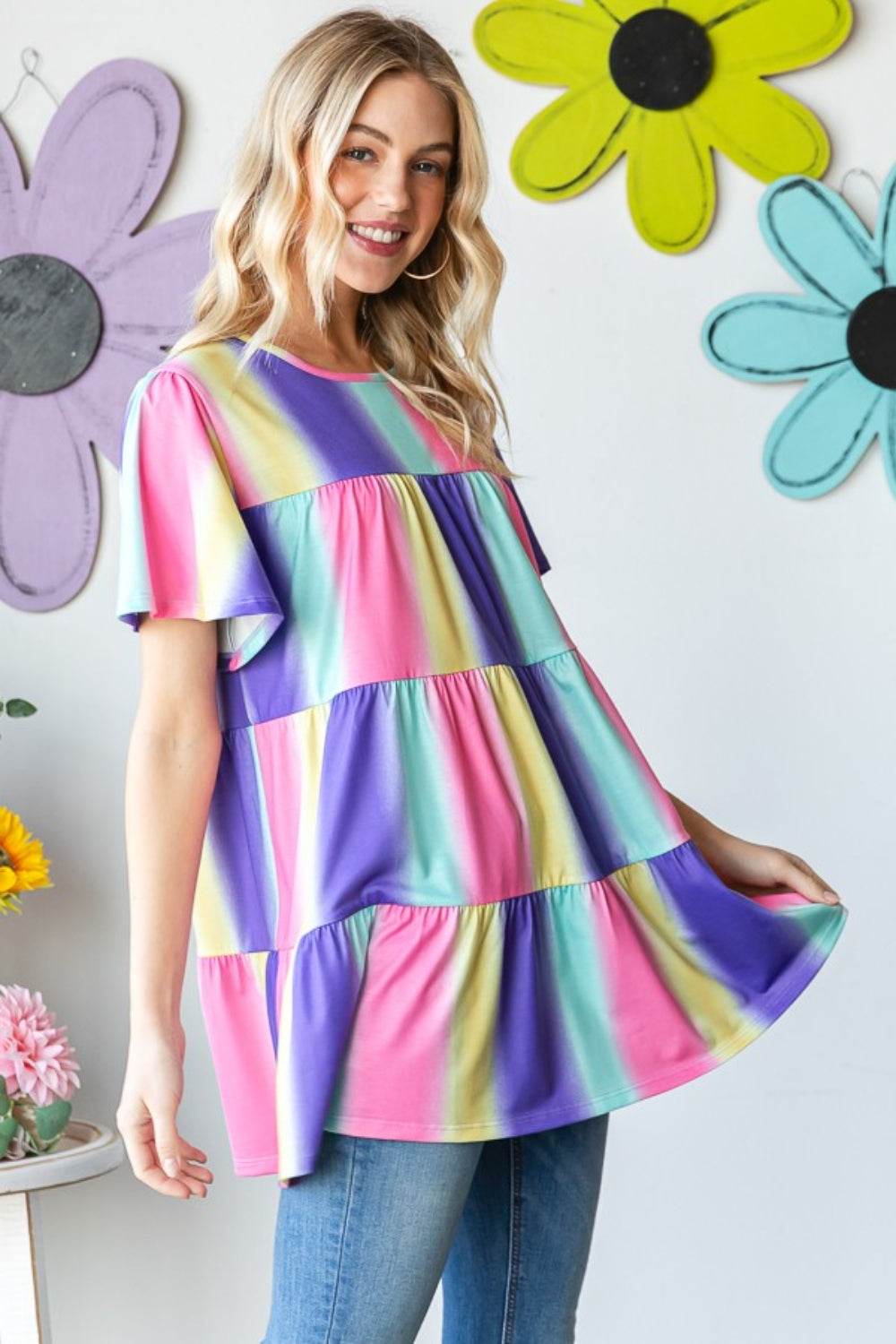 Heimish Full Size Short Sleeve Striped Tiered Top - DaTrendStore.Com