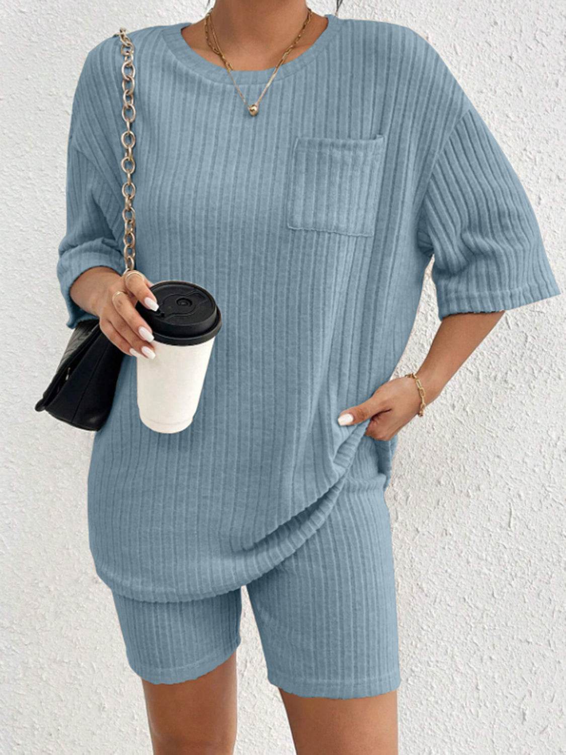 Ribbed Round Neck Top and Shorts Set - DaTrendStore.Com