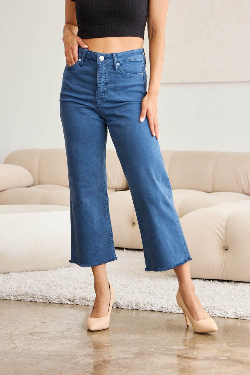 RFM Crop Chloe Full Size Tummy Control High Waist Raw Hem Jeans - DaTrendStore.Com