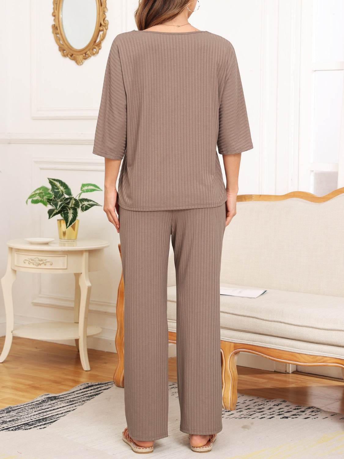 Ribbed Half Sleeve Top and Pocketed Pants Set - DaTrendStore.Com