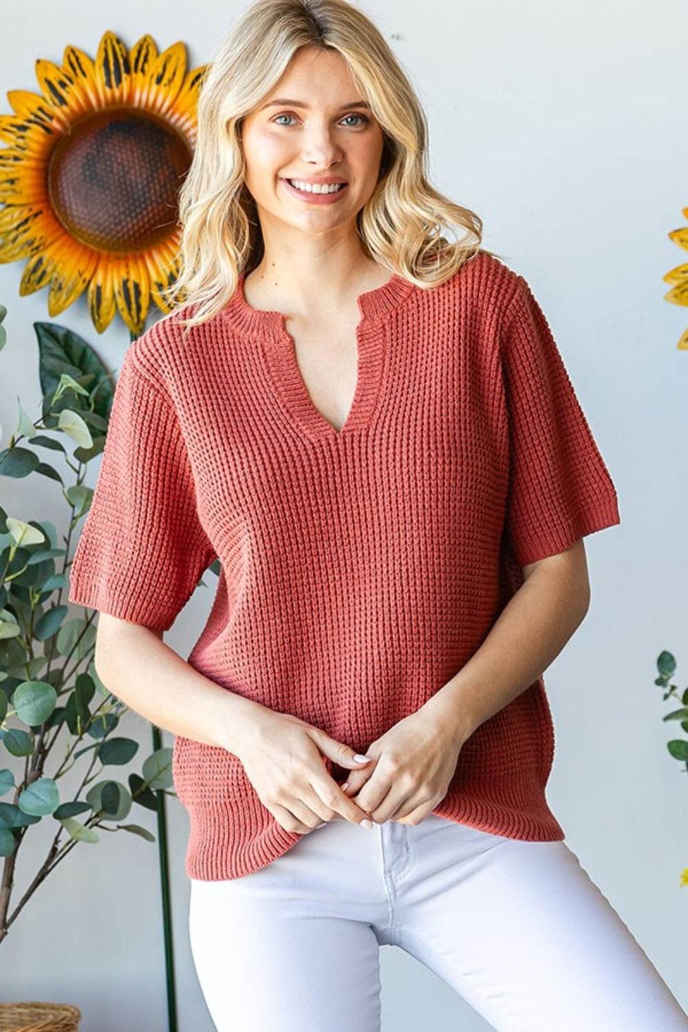 First Love Notched Short Sleeve Knit Top - DaTrendStore.Com