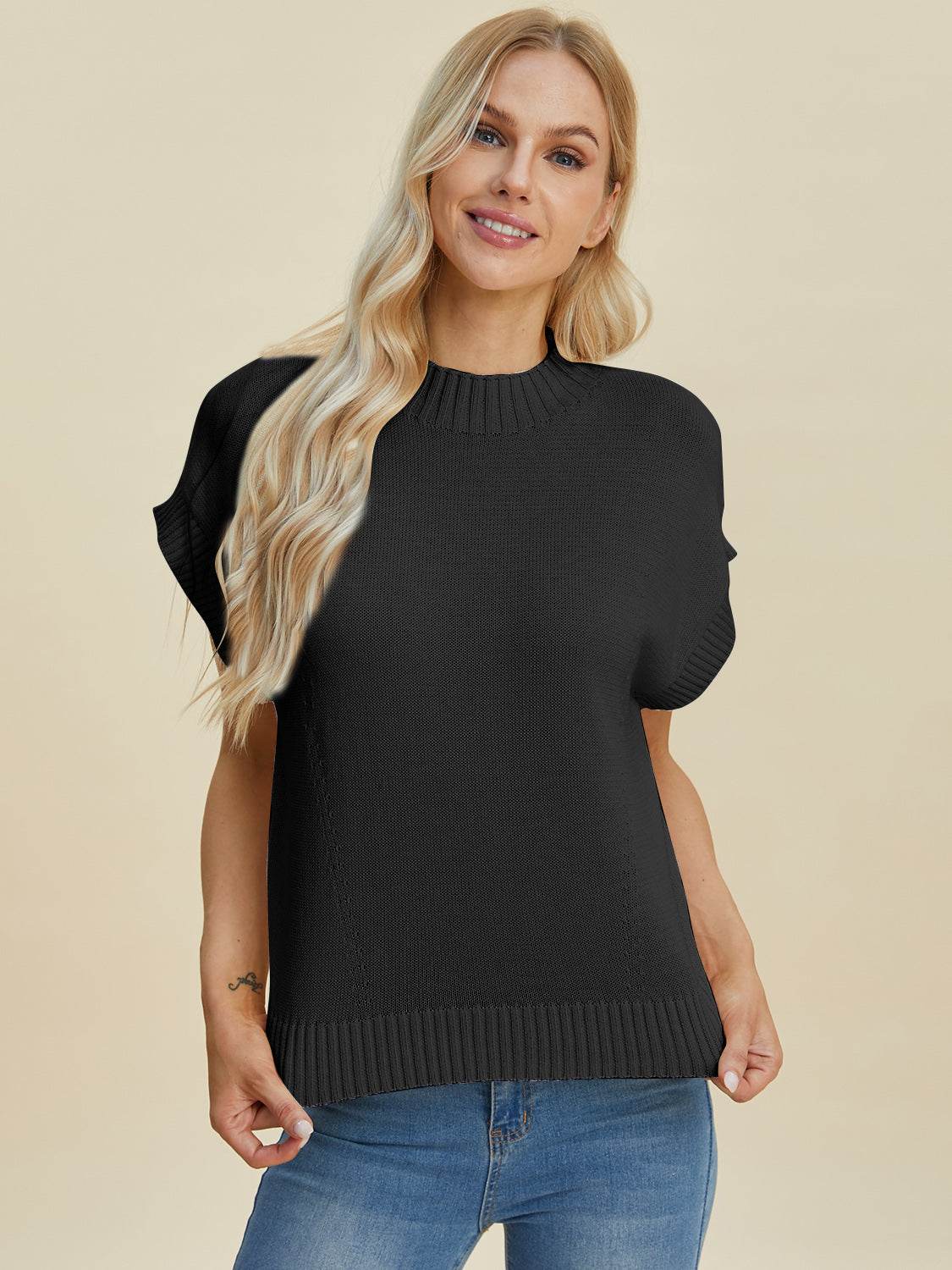 Double Take Full Size Mock Neck Short Sleeve Sweater - DaTrendStore.Com