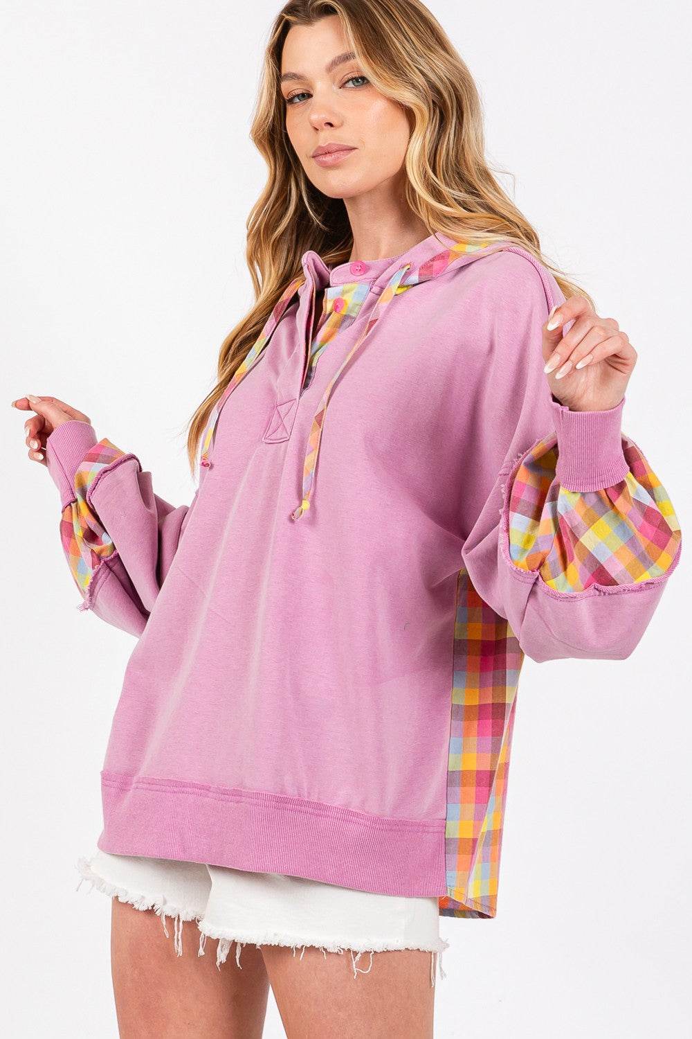 SAGE + FIG Full Size Plaid Print Washed Hoodie - DaTrendStore.Com