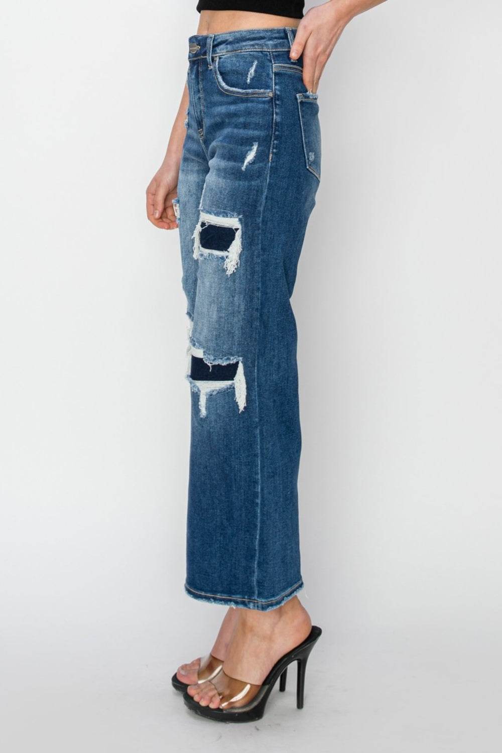 Risen Full Size High Rise Patch Detailed Wide Leg Crop Jeans - DaTrendStore.Com