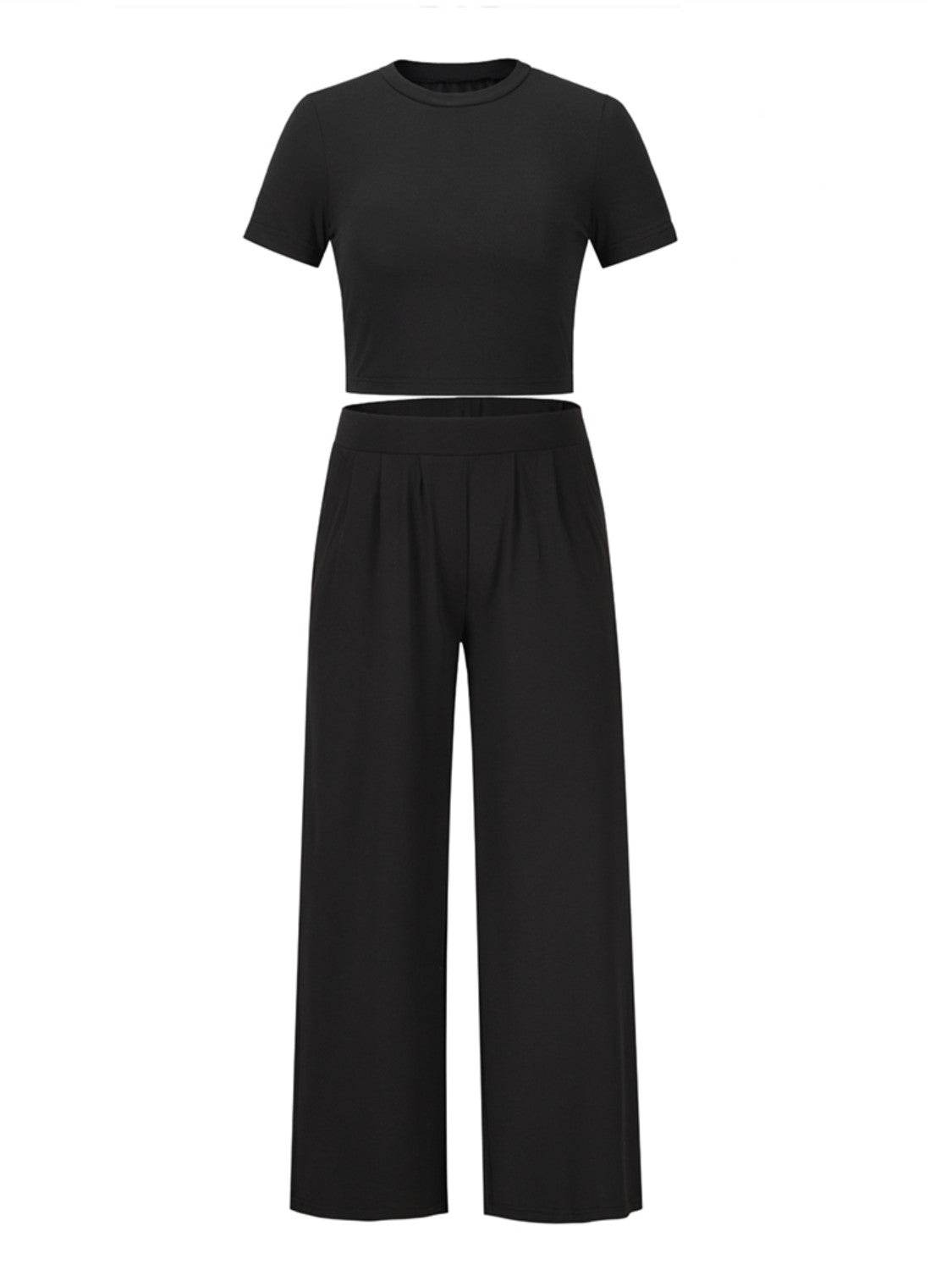 Round Neck Short Sleeve Top and Pocketed Pants Set - DaTrendStore.Com