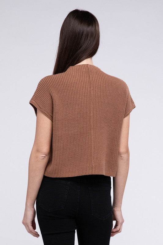Mock Neck Short Sleeve Cropped Sweater - DaTrendStore.Com