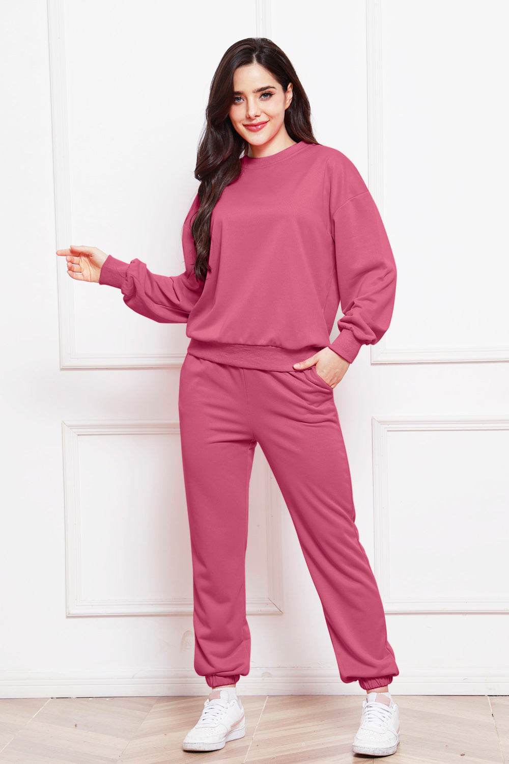 Round Neck Long Sleeve Sweatshirt and Pants Set - DaTrendStore.Com
