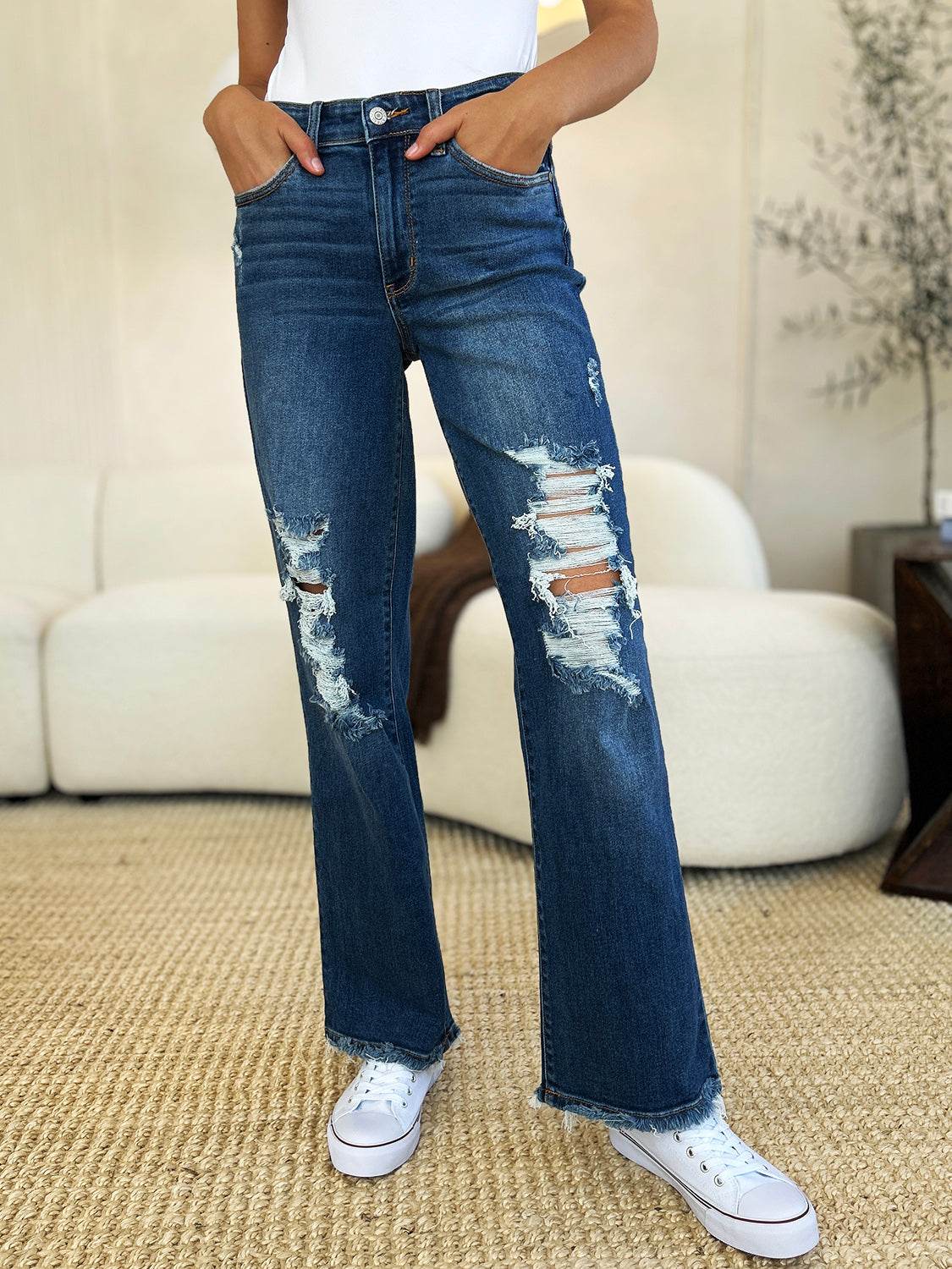 Judy Blue Full Size Mid Rise Distressed Raw Hem Jeans - DaTrendStore.Com