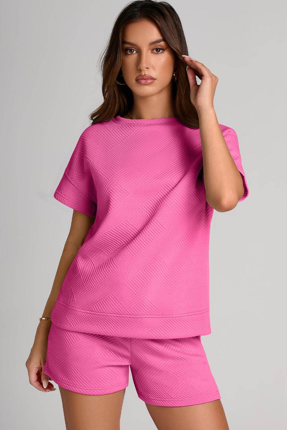 Textured Round Neck T-Shirt and Shorts Set - DaTrendStore.Com