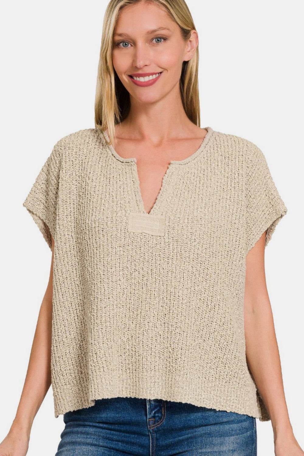 Zenana Short Sleeve Side Slit Sweater - DaTrendStore.Com