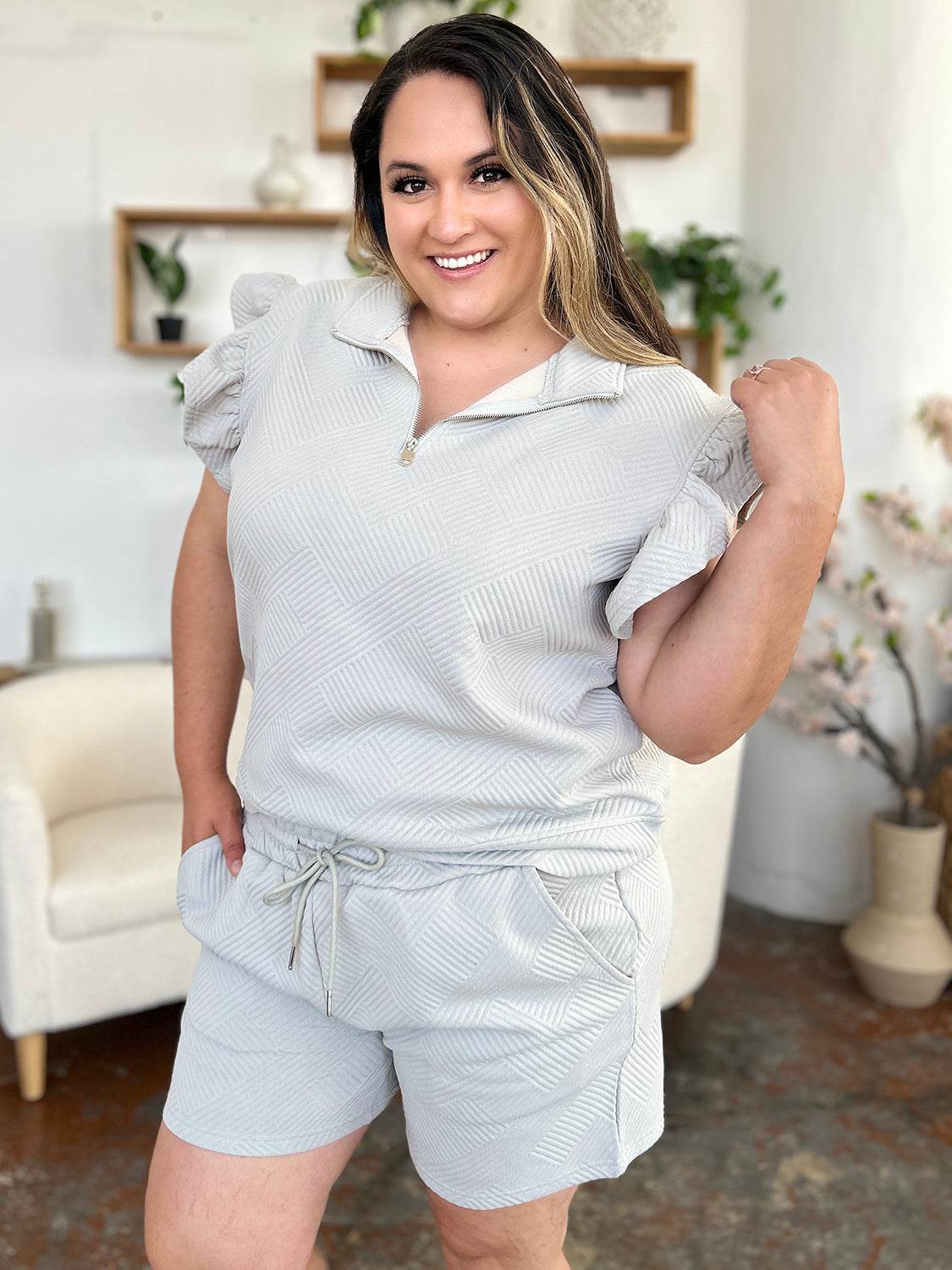 Double Take Full Size Texture Flounce Sleeve Top and Drawstring Shorts Set - DaTrendStore.Com